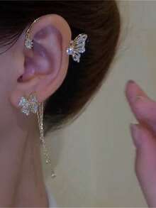 1件蝴蝶花朵流苏耳夹（无需耳洞） - 金色 - 查看 3