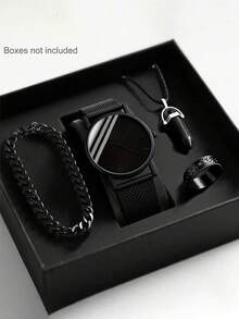 4pcs/Set Men's Fashion Business Casual Quartz Watch With Pointer, Includes Stylish Bracelet, Necklace Pendant And Ring Set, Suitable For Men's Daily Wear, School, Gatherings, Travel, Birthday, Graduation, Christmas Gift - Multicolor - View 3