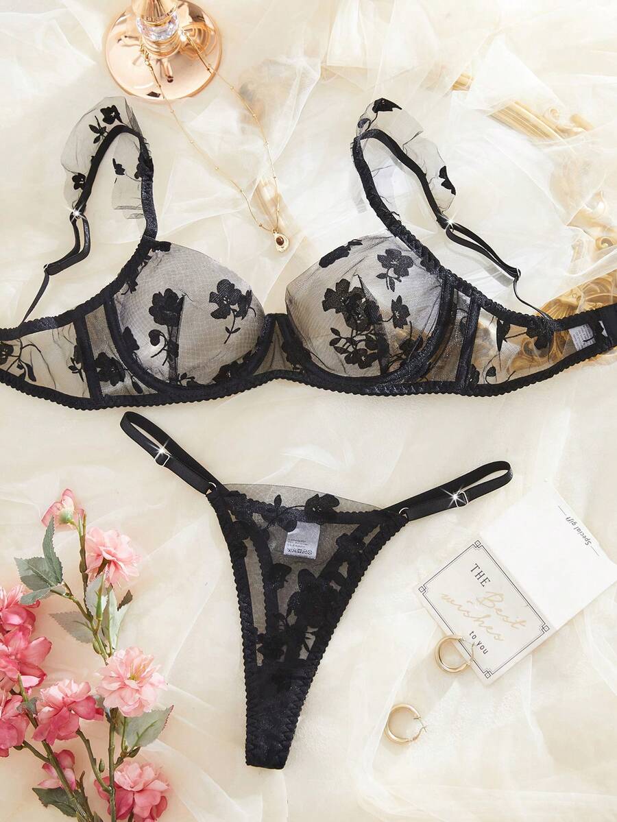 性感薄纱梅花图案拼接女士文胸内裤套装 - 黑色 - 查看 1