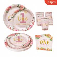 1st Birthday Pink Floral Disposable Plates, Napkins, Cups, Party Supplies For 16 Guests, Disposable Paper Plates For Birthday, Wedding, Party, Family Picnic - Multicolor - View 1