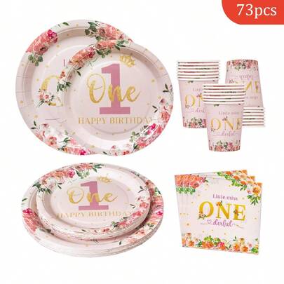 1st Birthday Pink Floral Disposable Plates, Napkins, Cups, Party Supplies For 16 Guests, Disposable Paper Plates For Birthday, Wedding, Party, Family Picnic