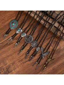 8pcs Unique Bolo Tie, Comfortable Sweater Chain, Turquoise, Korean Wax Line Necklace, Geometric Pattern Feather Pendant Brooch
