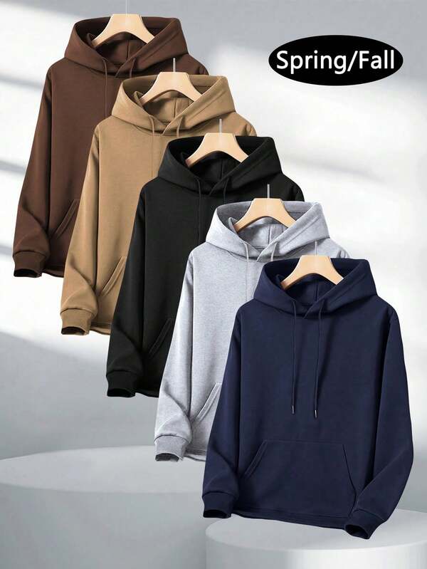 5pcs Regular Fit Men Spring/Autumn Long Sleeve Pocket Hoodie Sweatshirt, Basic Style Casual Sports Outwear, Suitable As Gifts For Husband Or Boyfriend, Suitable For Street, Commuting, Outdoor