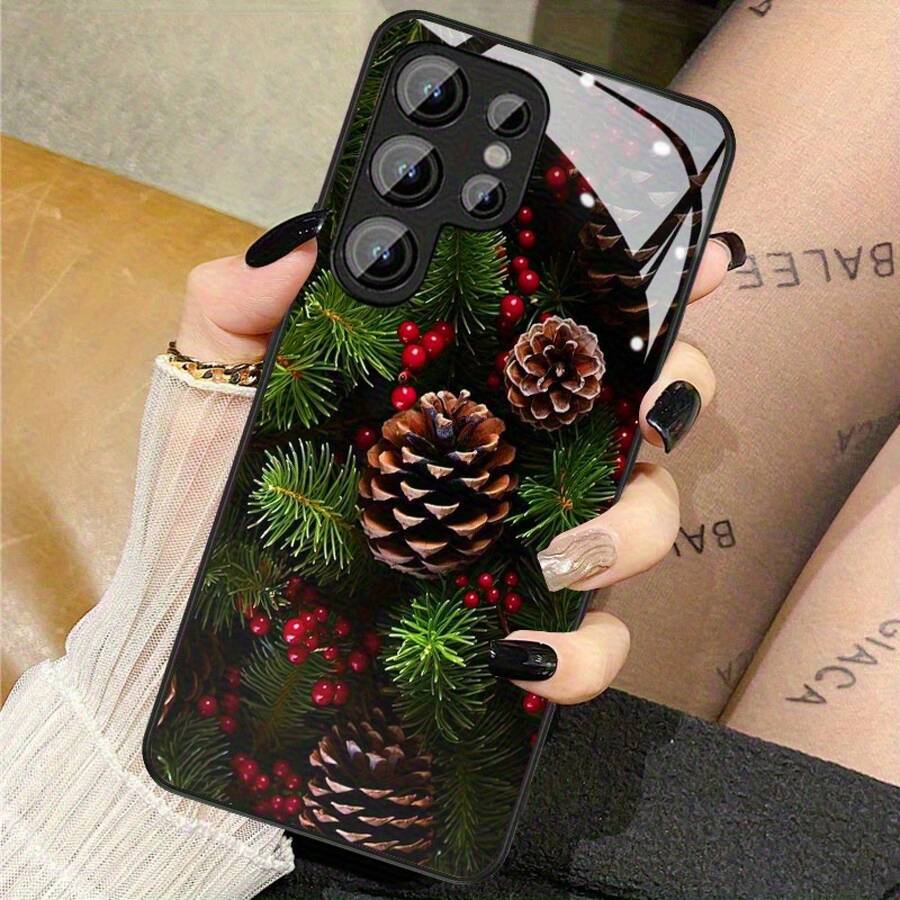 Funda de Teléfono de Vidrio Navideña para iPhone 17air/16E/15/14/13/12/11 Plus, Pro, Promax, X/XS/XR/XSMAX, para Samsung Galaxy A03/A03S/A05S/A06/A07/A11/A12/A13/A14/A15/A16/A17/A22/A22/A23/A26/A31/A32/A34/A35/A36/A52/A53/A73, S21/S22/S23/S24/S25 Plus, Ultra, Funda de Vidrio Reflectante, Buena Agarre, Protección de Borde Suave, Adecuada para Hombres y Mujeres - Negro - Ver 1