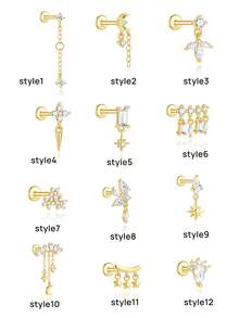 1pc 925 Sterling Silver Flat Back Stud Earrings For Women Hypoallergenic Tragus Helix Cartilage 18K Gold Plated Conch Nose Earring Helix Tragus Piercing Jewelry - Gold - View 12