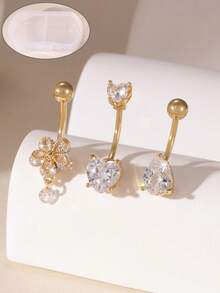 GEREIT 3pcs Sexy Stainless Steel Zirconia Heart, Flower, Bow Navel Piercing Rings Set For Women, Waterproof & Hypoallergenic - Gold - View 6