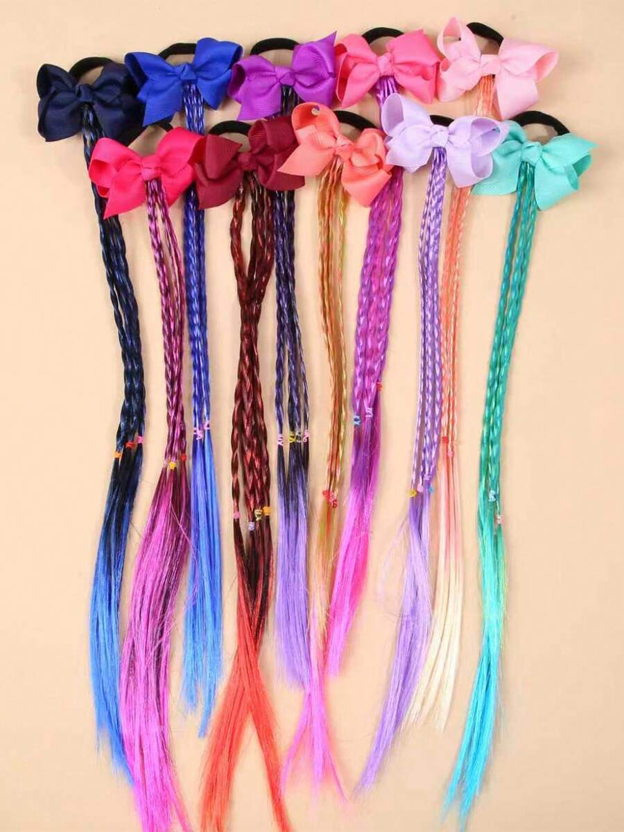 5pcs/Set Colorful Braided Hair Extensions Hair Ties With Bows, Multi - Color Synthetic Hairpieces Hair Accessories For Girls, Cute Hair Bows With Braids For Party, Cosplay, Daily Dress Up - Multicolor - View 1