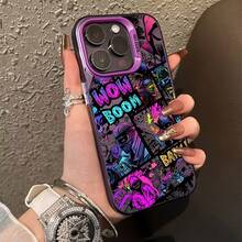 Funda de Teléfono Creativa con Graffiti Moderno para Niño, Adecuada Para iPhone 17, 16e, 16, 15, 14...12, 11 Mini Pro Max Air X/XR..XS MAX 8, 7 Plus - Cubierta Trasera Mate Anticaída Funda Bonita que Brilla en la Oscuridad Con Gatos Iluminados Rectangular - Morado - Ver 6
