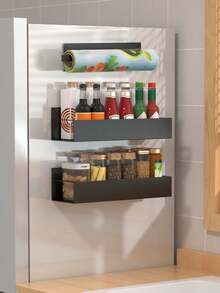 1/2pcs Black Metal Magnetic Storage Rack, Floating Magnetic Hanging Shelf, Organizer Rack, Suitable For Kitchen, Bathroom, Refrigerator, Microwave, Washing Machine Side, No Drilling Multi-Purpose Shelf, Practical Rack - Multicolor - View 1