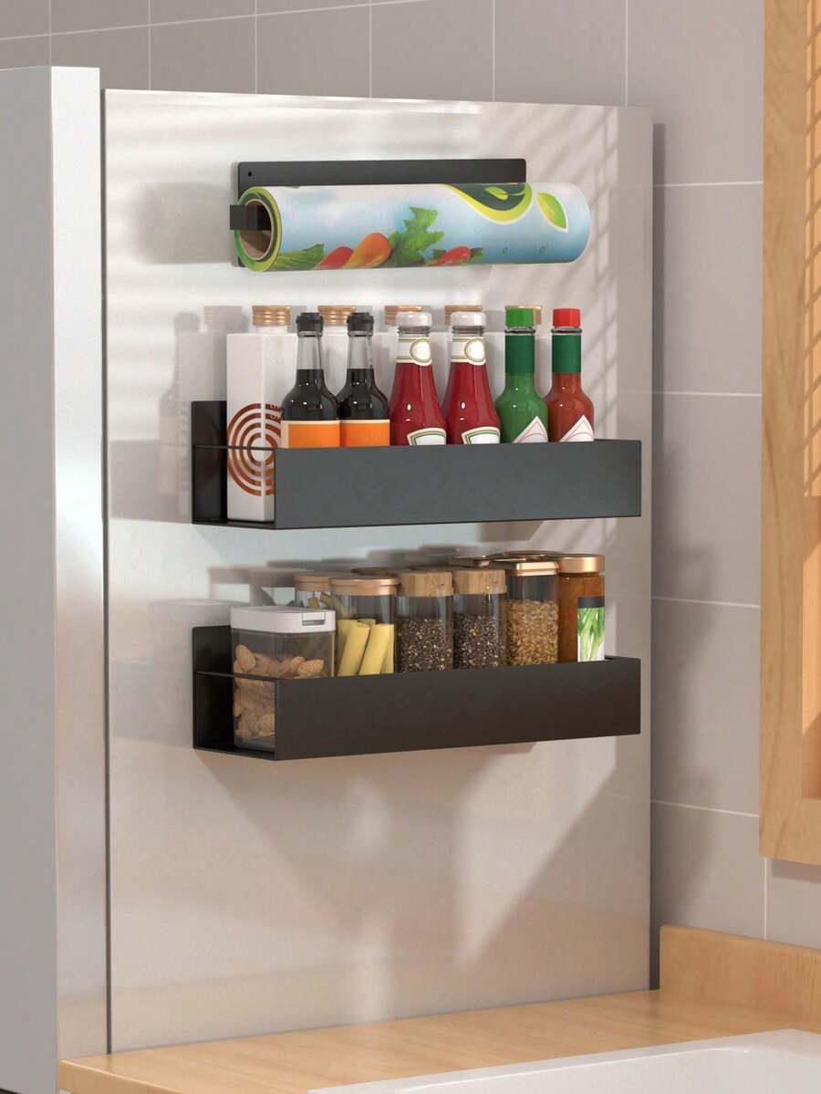 1/2pcs Black Metal Magnetic Storage Rack, Floating Magnetic Hanging Shelf, Organizer Rack, Suitable For Kitchen, Bathroom, Refrigerator, Microwave, Washing Machine Side, No Drilling Multi-Purpose Shelf, Practical Rack - Multicolor - View 1