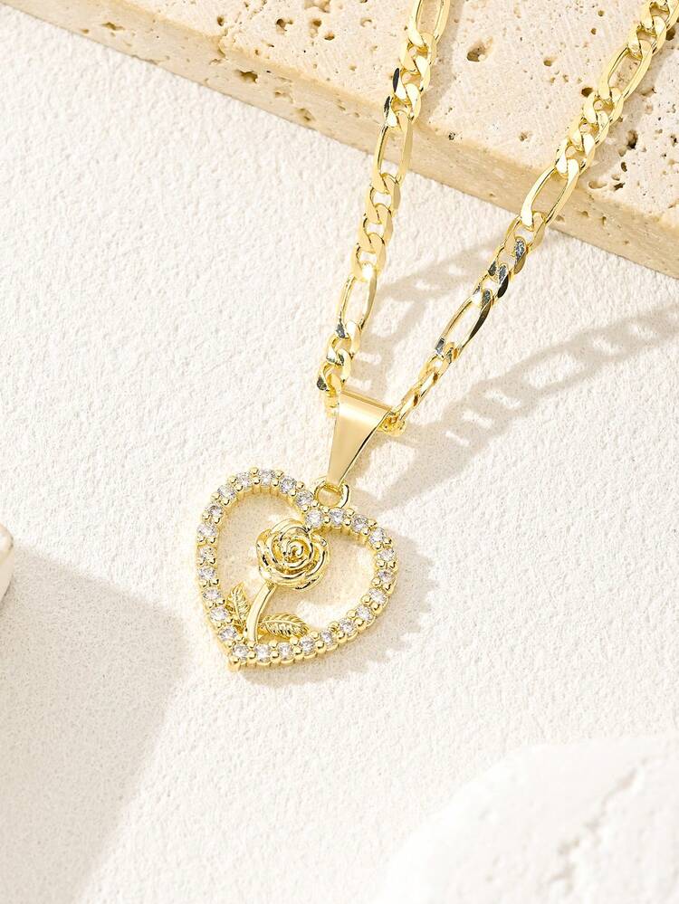1pc Romantic Style Pendant Necklace Set, Heart & Rose Flower Pendant, 14K Gold Plated, Suitable For Women, Ideal For Summer, Beach, Easter Gifts, Unisex & Couples - Yellow Gold - View 5