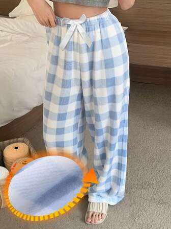 女士直筒抓绒保暖裤，饰有3D蝴蝶结，格子图案，秋冬季舒适家居服，假日版