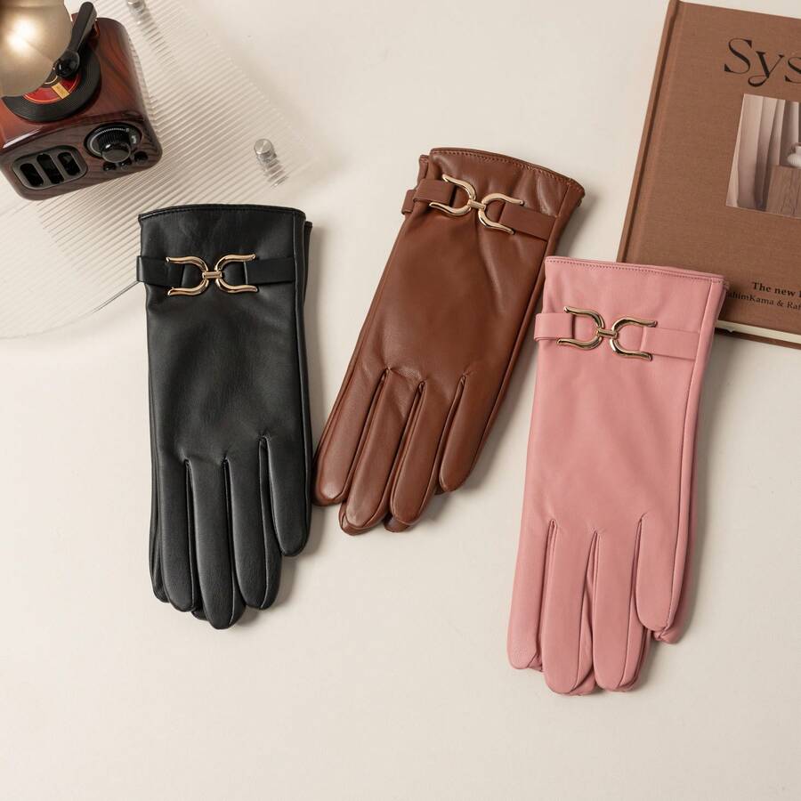 Women's Pink Leather Gloves With Gold Buckle Elegant Winter Dress Gloves Cold Weather Fashion Accessories Christmas Party Gift - Multicolor - View 1