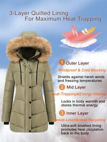 Women's Mid-Length Winter Coat Casual Fleece-Lined Windbreaker Detachable Hood With Drawstring Built-In Pockets, Two-Way Zipper Stylish Quilted Hooded Jacket Casual Outdoor Winter Top Perfect For Daily Wear, Commuting, Holidays, Gift - 軍綠色 - 查看 4