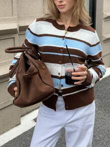 FOR BEAUTY 女士圆领长袖条纹针织衫，新款时尚设计，百搭纽扣开衫，适合日常通勤，柔软休闲宽松款式，新年毛衣 - 彩色 - 查看 4