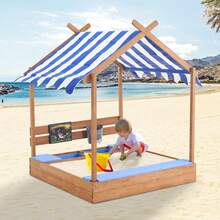 Wooden SandBoxes With Roof, Outdoor Sand Box Play W/Canopy For Backyard Garden Beach, Sand Pit For Beach Patio Outdoor, [Adjustable Cover & Funnel & Drawing Board] - 深木色 - 查看 9