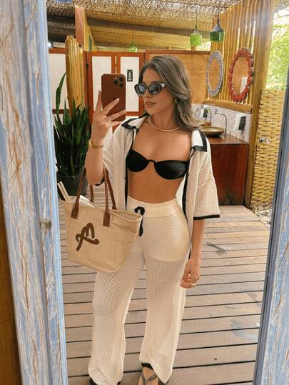 Senya 女士黑白撞色领落肩短袖纽扣针织罩衫套装（含裤子），镂空休闲时尚款，适合日常通勤、海滩度假、约会等场合，2026 新款波西米亚风针织罩衫套装