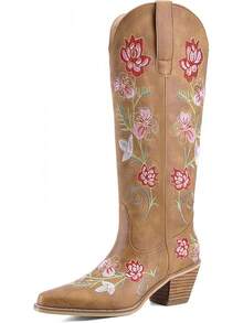 Women's Western Cowboy Boots Knee High, Floral Embroidered Vintage Cowgirl Boots With Pointed Toe & Chunky Heel, Pull-On Tabs For Country Style, Concert, Party And Daily WearChristmas - 傳統棕色花卉 - 查看 1