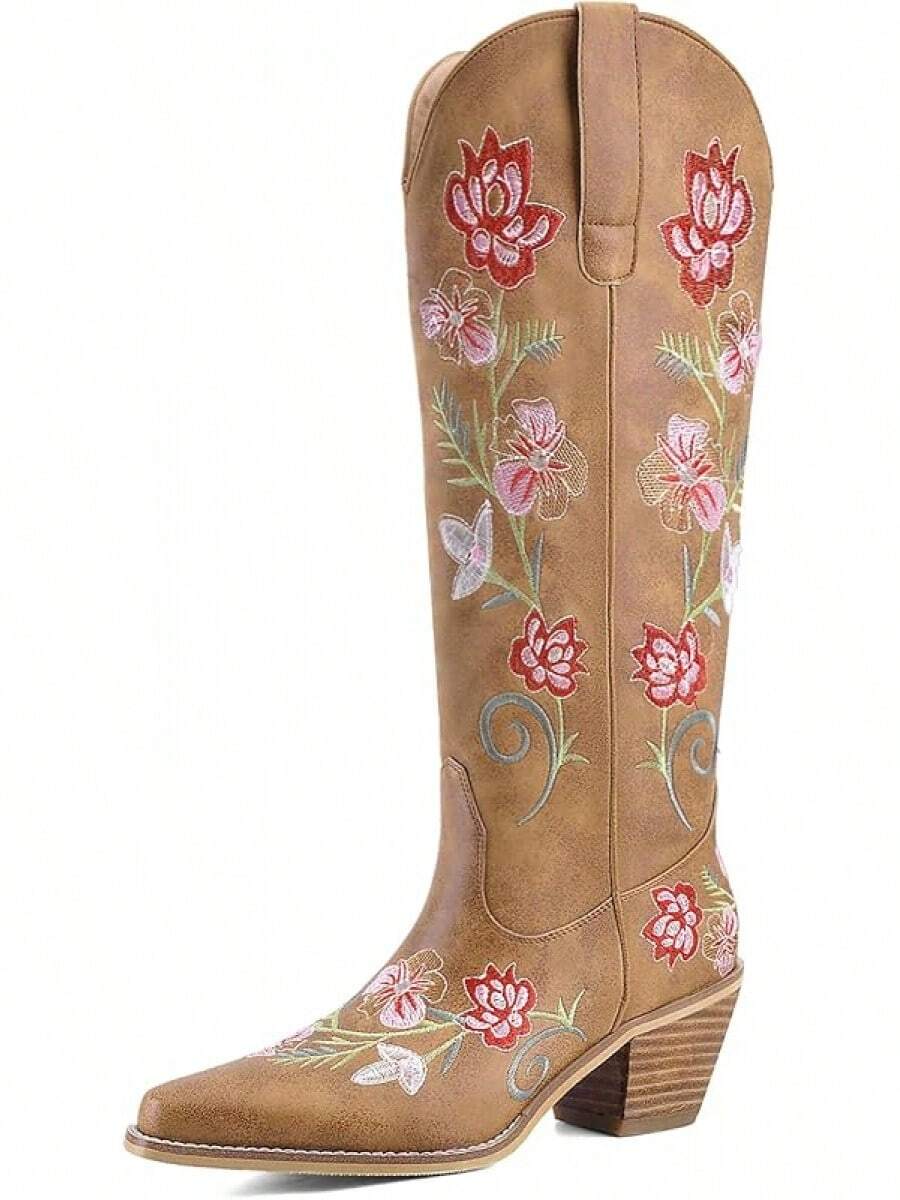 Women's Western Cowboy Boots Knee High, Floral Embroidered Vintage Cowgirl Boots With Pointed Toe & Chunky Heel, Pull-On Tabs For Country Style, Concert, Party And Daily WearChristmas - 傳統棕色花卉 - 查看 1
