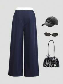 Girls' Wide Leg Pants, Spring/Autumn Fashion New Letter Print Blue & White Contrast Color Casual Loose Straight Trousers