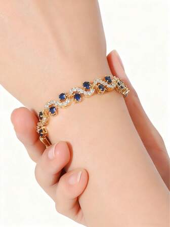1pc Luxury Niche Style Bracelet, Blue Artificial Crystal Material, Wave Design With Full Diamonds, Fashionable & Elegant Jewelry For Women, Suitable For Wedding, Party, Evening, Shopping, Family Gathering, Great Gift For Women