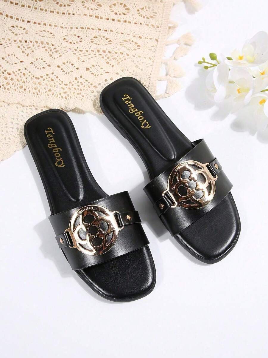 New Fashionable Cool Metallic Women Beach Sandals - Black - View 1