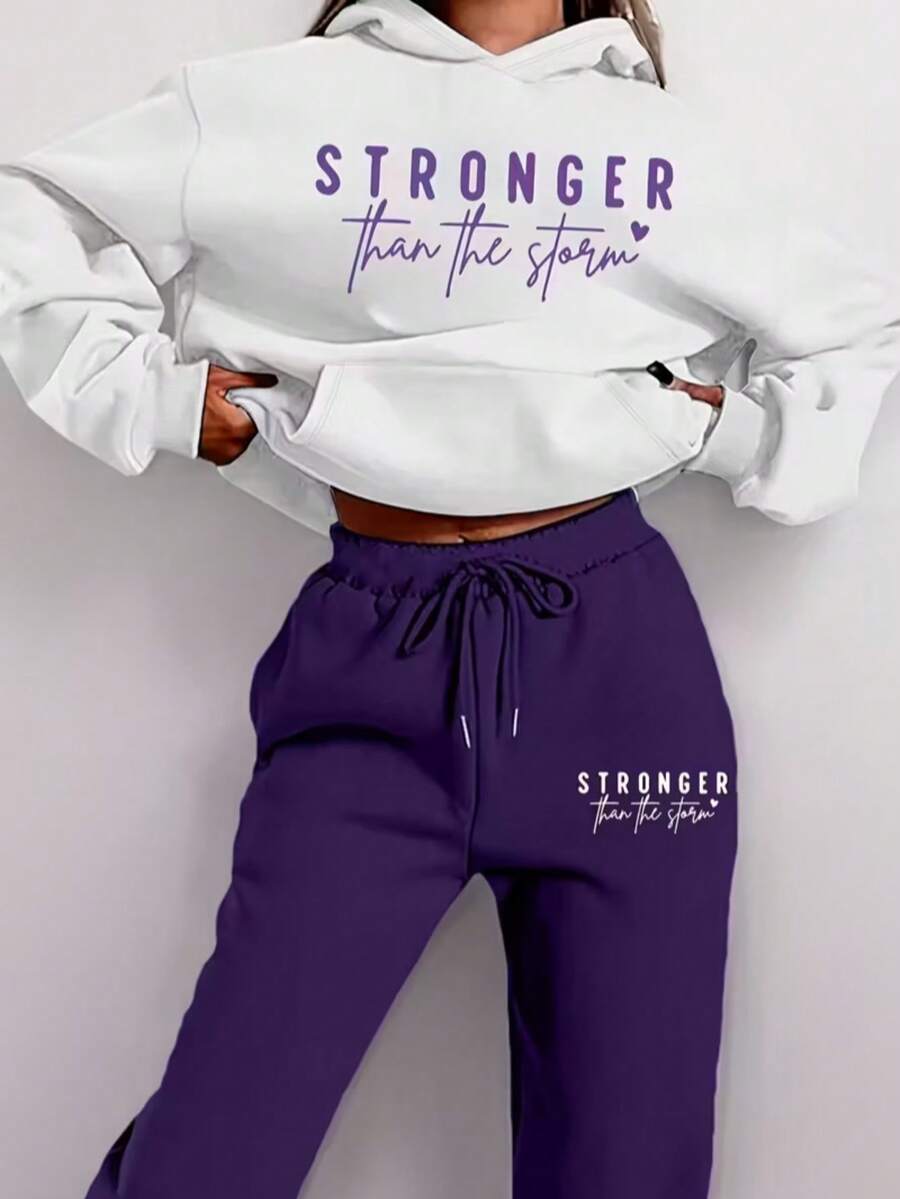 [Casual Two-Piece Set] Women's Casual Two-Piece Set Sweatshirt & Joggers | Long Sleeve Pullover With Pockets, Brown, Spring/Fall Fashion, Relaxed Fit Joggers, Letter Print Top, Casual Wear, Comfortable Basic Daily Outfit, Local Warehouse Discount