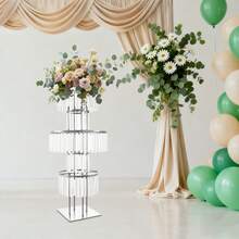 43.3in Tall Wedding Gold Crystal Flower Stand, Square Pedestal Stand, Crystal Flower Rack, Silver Vases Centerpieces Crystal Flower Stand With Hanging Crystals, 5-Tier Square Chandelier Pedestal Stand For Wedding Road Lead T Stage Flower Arrangement Decoration - 銀色 - 查看 2