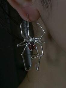 1pc Gothic Punk Style Spider Ear Stud, Red/Green Crystal Exaggerated Spider Earrings, Party Jewelry