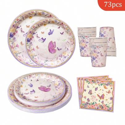 花卉蝴蝶图案一次性餐盘、餐巾纸、杯子 - 16人份派对用品，适用于生日、婚礼、聚会、家庭野餐