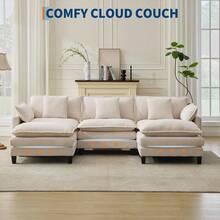 3-Seater Modular Sectional Sofa With 2 Ottomans, Corduroy Deep Seat Couch, Double Layer Cushion, Plush Backrest & Armrest Pillow, Cozy Cloud Couch For Living Room Apartment  146.5" L Modular Sectional Sofa With Ottoman, Corduroy Cloud Couch U-Shaped, Deep Seat Comfy Couch For Living Room, Movable Ottoman & Pillows  112 In U Modular Sectional Sofa, Corduroy Cloud Couch With Movable Ottoman & Throw Pillows, Modern L/U-Shaped Sofa, Comfy Deep Seat Couch For Living Rooms, Offices, Bedroom And Apartment - Màu be-112"-Hình chữ U 3 chỗ ngồi - Xem 6