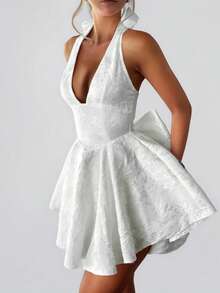 Unadoll 女士春季提花面料深V领露背吊带蝴蝶结性感浪漫连衣裙，适合婚礼、派对、晚宴、生日、鸡尾酒会、情人节等场合。优雅派对 - 白色 - 查看 5