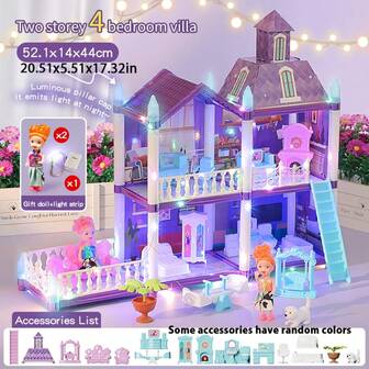 Purple DIY Dollhouse Castle Playset - 4-House Design + 2 Dolls Included, 6+ Kid & Adult Interactive Play Toy, Ideal Birthday/Christmas Gift