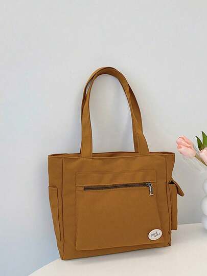 1 Túi vải tổng hợp màu nâu phong cách tối giản có nhiều khóa kéo, chống nước, dung tích lớn, có thể gấp gọn, thích hợp cho việc đi làm hàng ngày, đi chơi, mua sắm, du lịch, đựng hành lý đơn giản, túi xách đi học cho học sinh, quà tặng ngày lễ cho bạn gái