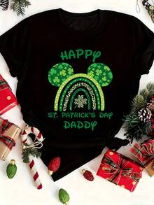 Disney Anime T Shirt Women Mickey Mouse St Patrick's Day Rainbow Clover Print Happy St Patricks Day Daddy Graphic Tee Suitable For Parties Birthdays Thanksgiving Christmas New Year Gifts Halloween And Daily Wear - 黑色 - 查看 2