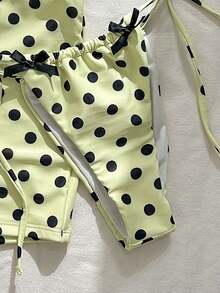 沙滩泳池派对时尚性感波点印花蝴蝶结配饰网纱围巾平角裤四件套比基尼分体泳衣女 - 黃色 - 查看 7