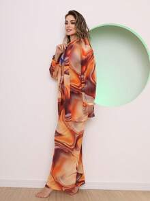 Printed Tulle Beach Cover-Up Shirt And Pants Set - Orange - View 3