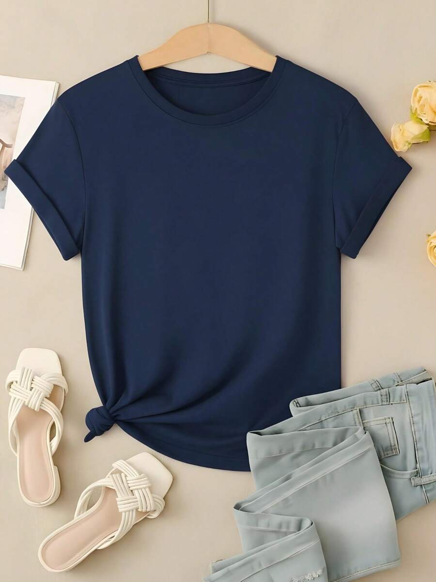 Women's Plain T-Shirt, No Print, Cotton Blouse, Casual, Cute, Premium Knit, Short Sleeve, Round Neck Shirt - 藏蓝色 - 查看 1