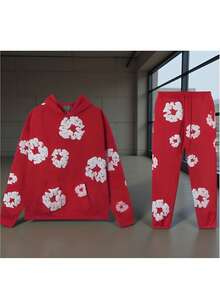 Denim T Gothic Peony Print Sweatsuit Set 2026, Hip Hop Streetwear Oversized Hoodie & Joggers, Y2K Retro Graphic Lounge Set, Unisex Autumn Winter Daily Wear - Đỏ - Xem 1