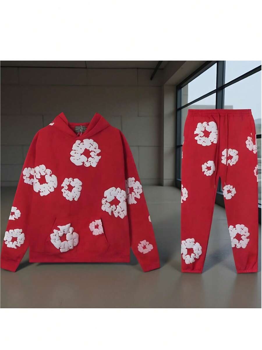 Denim T Gothic Peony Print Sweatsuit Set 2026, Hip Hop Streetwear Oversized Hoodie & Joggers, Y2K Retro Graphic Lounge Set, Unisex Autumn Winter Daily Wear - Đỏ - Xem 1