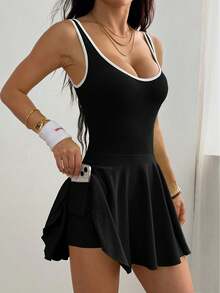 Women Dress Women'S High-Elasticity Sports Dress With Built-In Bra & Shorts - Sleeveless Twist-Cut Tennis Skirt For Gym, Yoga, Casual Wear - Vibrant Pink, Yoga Apparel, Formfitting Silhouette, Durable Sportswear - 黑色 - 查看 1