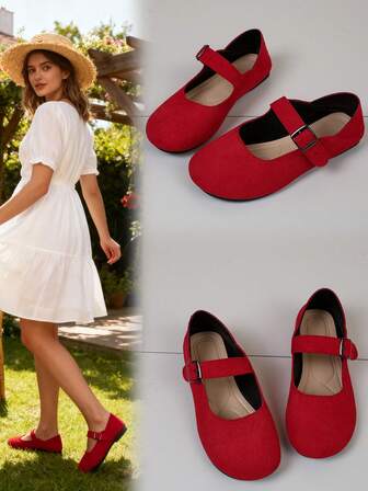 Red Vintage Round-Toe Mary Janes With Buckle - Women's Ultra-Soft Cushioned Flats, Stylish Suede Daily Shoes For Casual & Office, Comfortable Versatile Footwear Must-Have