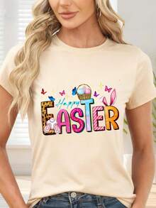 Happy Easter And Colorful Bunny Print T-Shirt For Spring Parties - 杏色 - 查看 1