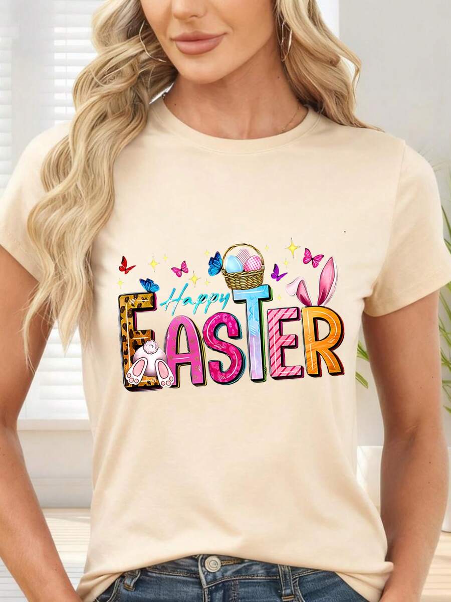 Happy Easter And Colorful Bunny Print T-Shirt For Spring Parties - 杏色 - 查看 1