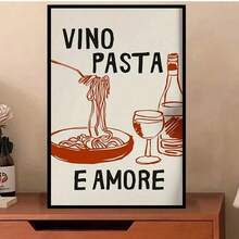1幅无框现代风格“Vino Pasta Amore”墙面艺术海报，黑色画框，现代家居装饰，适用于客厅、厨房、办公室、餐厅、室内/室外，厨房装饰