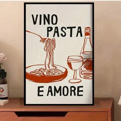 1 pezzo cartellone da parete "Vino Pasta Amore" in stile moderno, senza cornice, cornice nera, decorazione contemporanea per casa, adatto per soggiorno, cucina, ufficio, sala da pranzo, interno/esterno, decorazione cucina