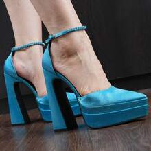 Women's 6 In Chunky Platform Heels For Women Block High Heels Ankle Buckle Sandals Pumps - Màu xanh lam - Xem 15