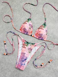 Bộ bikini hai mảnh in họa tiết retro dành cho nữ, kiểu buộc cổ yếm, kết hợp với phụ kiện nhựa tương phản và dây buộc dễ thương, thích hợp cho kỳ nghỉ, bãi biển, Giáng sinh, kỳ nghỉ hè. Bộ đồ bơi hai mảnh màu hồng phong cách thường ngày dành cho nữ, thích hợp cho khu nghỉ dưỡng biển. - Hồng - Xem 2
