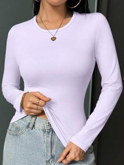 Dam T-shirt med hög stretch, enfärgad, smal passform och normal längd, rund hals, långärmad, minimalistisk, lämplig för vår/höst/vinter, för utekväll/semester/vardag/kontor/hemma/gata/resor/flygplats/brunch, avslappnad/enkel/Y2K/elegant/sexig/gata/söt/het tjej, höstkläder för kvinnor, vinterkläder för kvinnor, halloweenkläder för kvinnor, julkläder, lärarkläder för kvinnor, toppar för utflykter för kvinnor, dejtkläder för kvinnor, bastoppar, koreansk stil