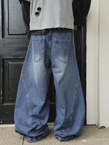 Men's Blue Leopard Print Patchwork Wide Leg Jeans, American Wild Street Style - Blue - View 3